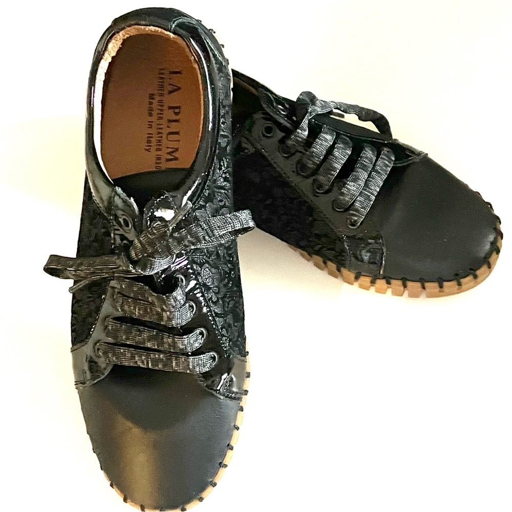Woman’s Black Floral Leather Sneaker by La Plume called Charlotte.